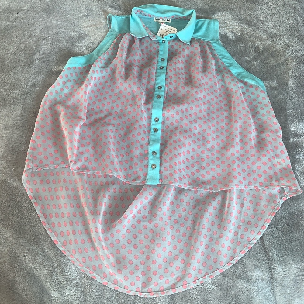 Double Zero Aqua Pink Polka Dot Sheer Blouse Hi Low Size Medium